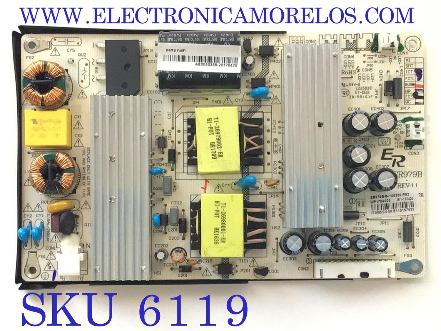 FUENTE PARA TV ATYME / NUMERO DE PARTE AE005038 / ER979B / WP1704005 / E3.97962022-ER / PANEL HV430QUB-N4D / MODELO 430AM7UD